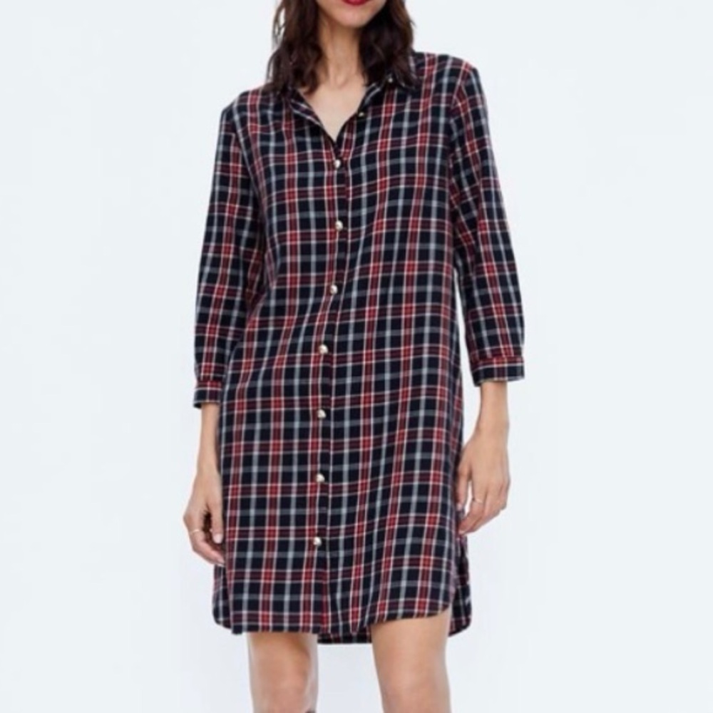 ZARA Woman NWT Plaid Flannel Midi Shirt Dress • Gold Buttons • 3/4 Sleeve Sz S